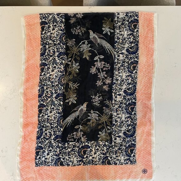 Tory Burch Inspired Lightweight Nature Print Viscose Blend Scarf Navy Peach OS - Picture 11 of 12